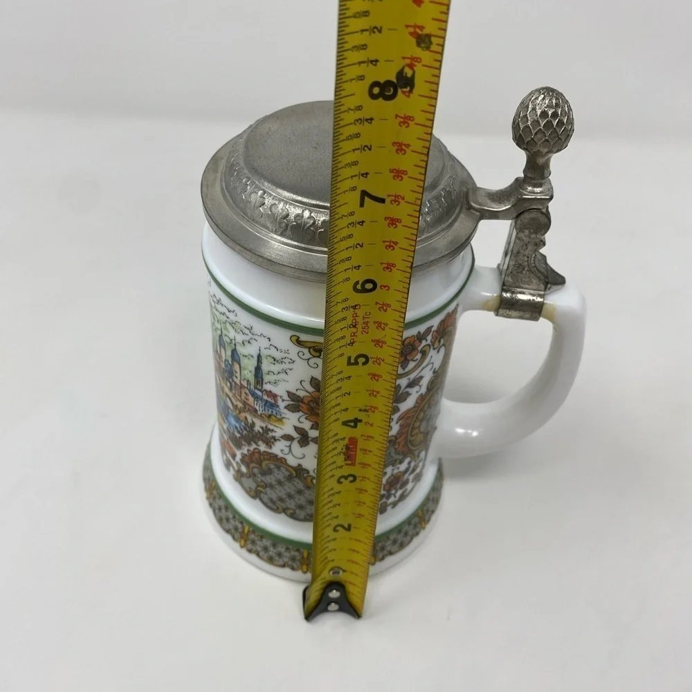 Vintage Western Germany BMF BierSeidel Milk Glass Beer Stein with Pewter Lid